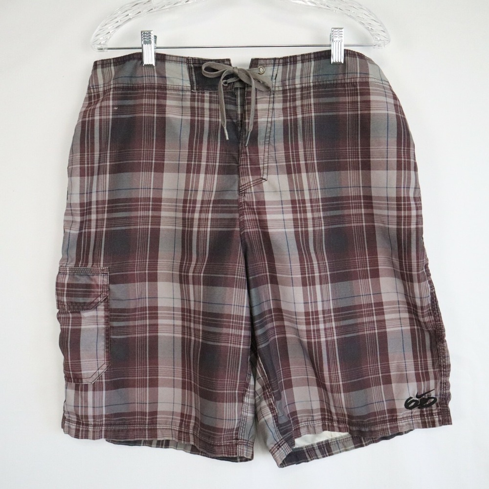Nike 6.0 Board Shorts Mens 36 Cargo Pocket Surf Swim Beach Trunks Maroon Plaid